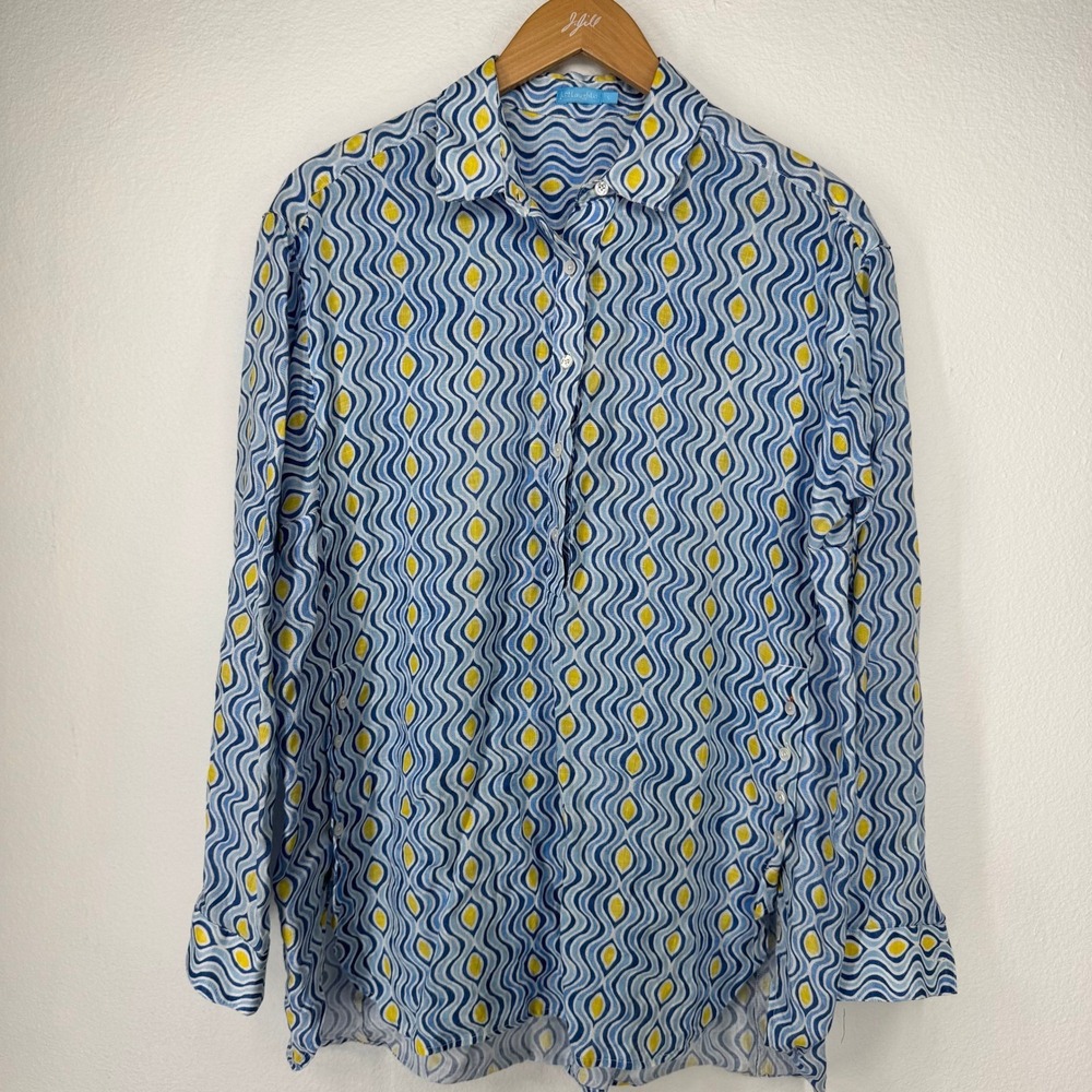 J McLaughlin Womens Linen Geometric Print Long Sleeve Button Up Shirt Size Small